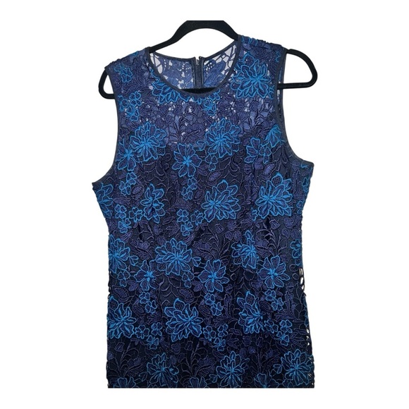 White House Black Market Illusion Lace Sheath Dress Navy Floral Midi EUC Zipper - Picture 7 of 16
